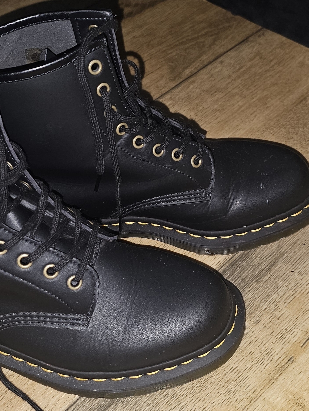 Dr. Martens Black Leather Lace-Up Boots with Yellow Stitching